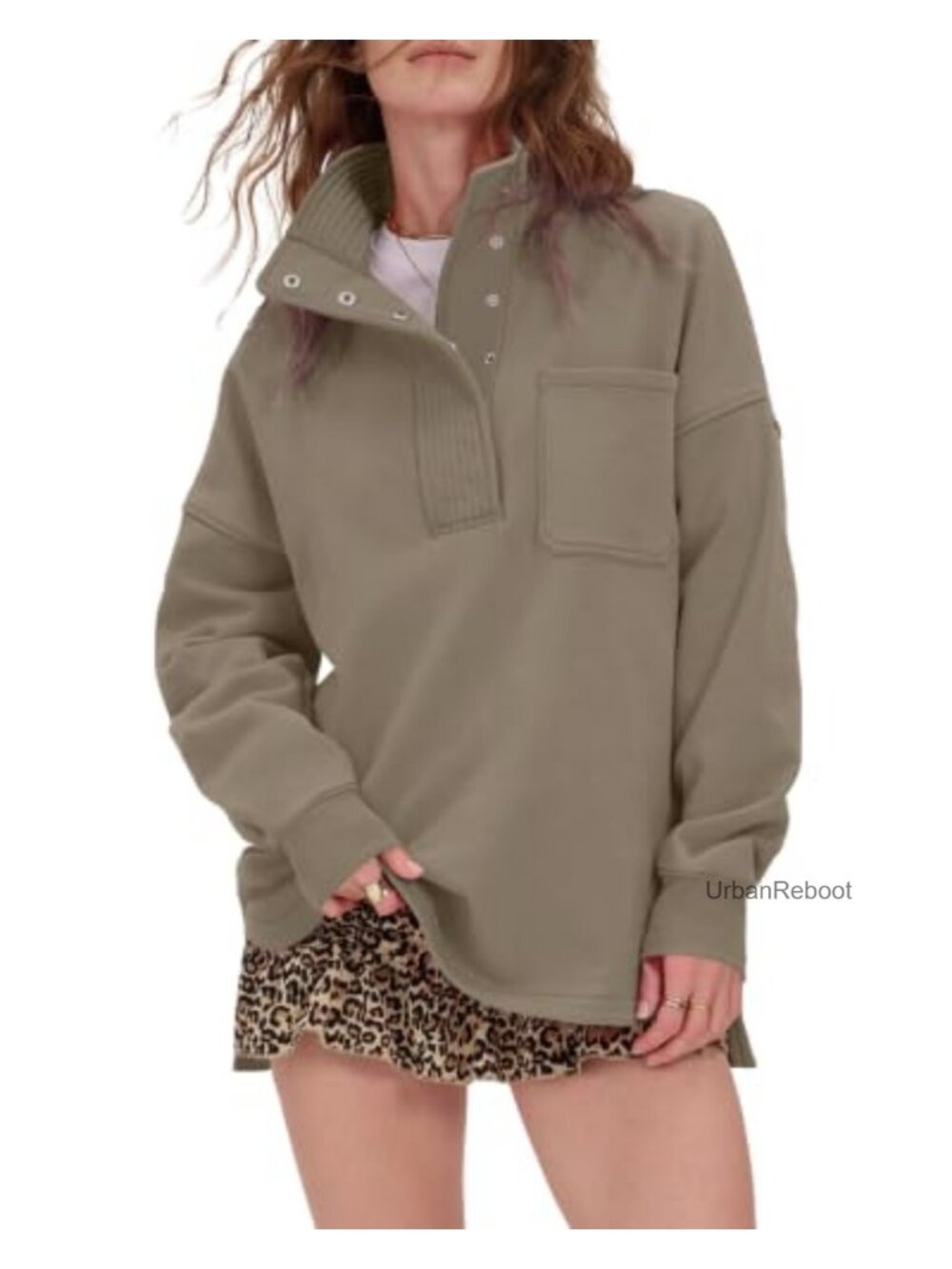 Oversized Sweatshirt Snap Button Henley Neck Ribbed Cuff Chest Pocket